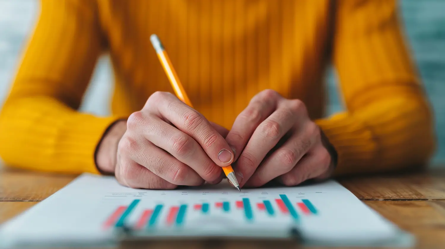 Nahaufnahme von Händen, die mit einem Bleistift auf ein Blatt Papier schreiben. Auf dem Papier ist eine bunte Grafik abgebildet.